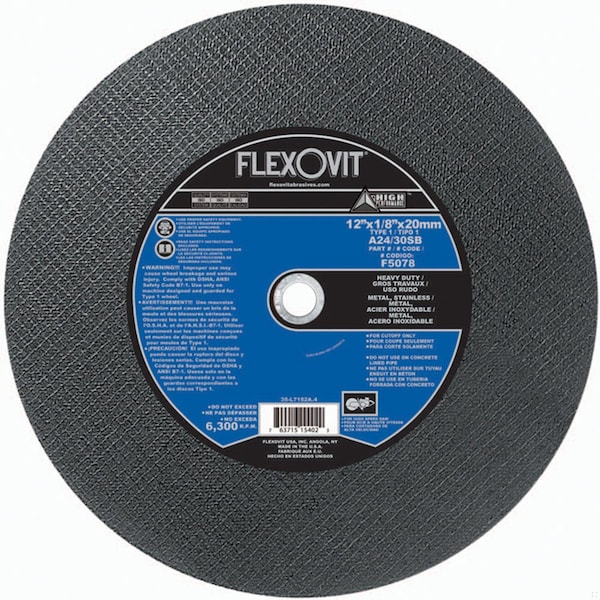 Flexovit HIGH PERFORMANCE Heavy Duty Cut-Off Wheel, 12 in Dia x 1/8 in THK, 20 mm Center Hole, 24/30 Grit, Al F5078 - main